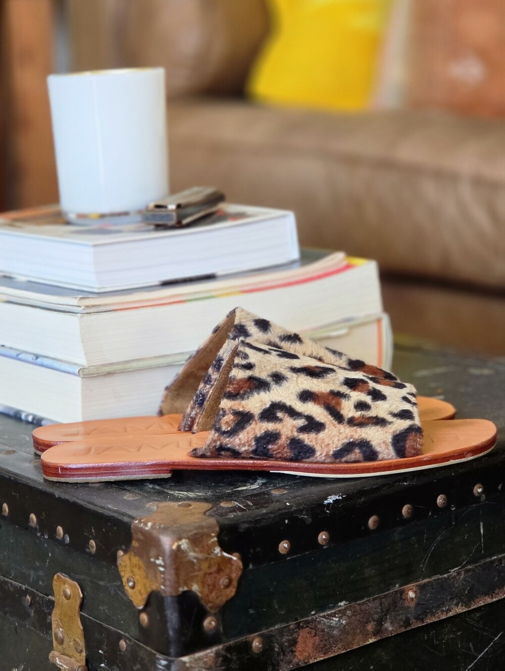 James Smith Off Duty Slide - Safari Leopard Faux Fur